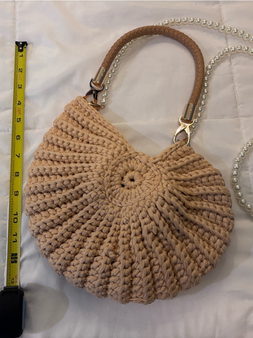 Shell Crochet Beach Bag with Pearl Strap - Beige